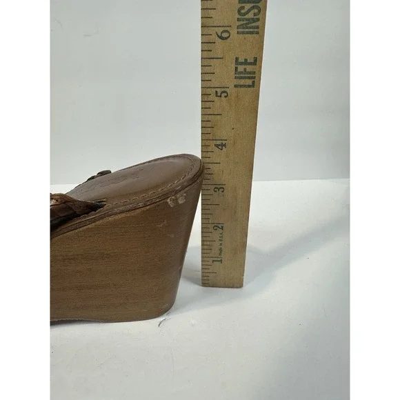 J. Crew Sandals Women 8 Brown Leather & Wood Strappy Wedge Made In Italy Ladies - Picture 11 of 12